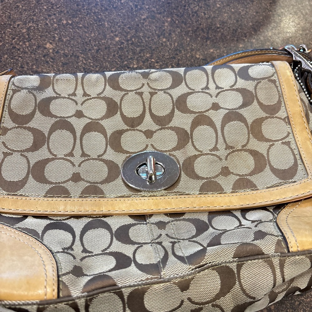 Coach Brown and Tan Hampton Signature Shoulder Bag